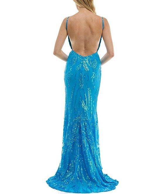 B. Darlin Patterned Sequin V-Neck Spaghetti Strap Open Back Dress Product Image