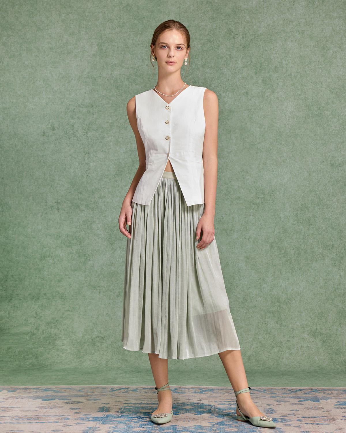 Green Flowy Pleated Midi Skirt Product Image