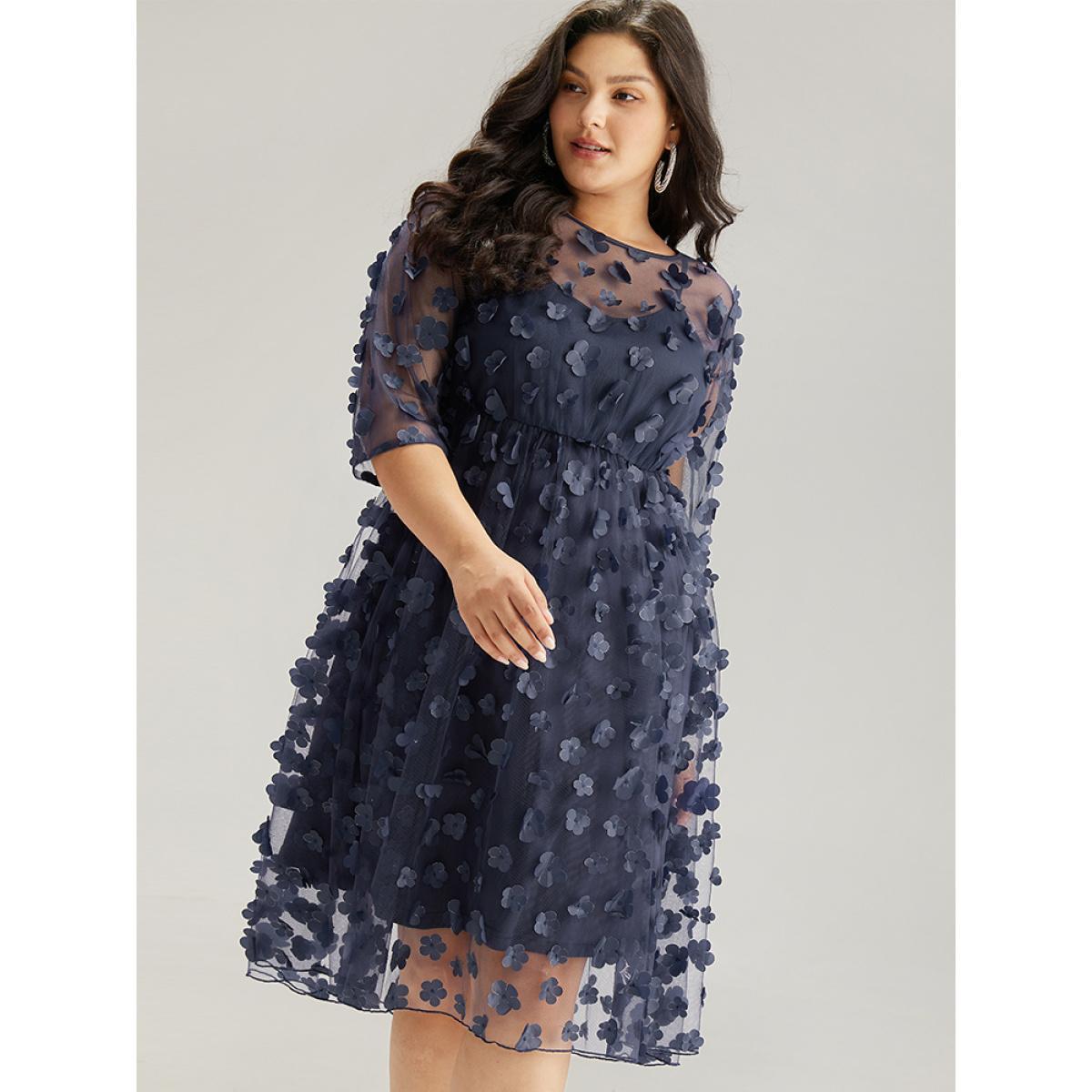 Plus Size Floral Embroidered Mesh Elastic Waist Crew Neck Dress DarkBlue Women Glamour See through Round Neck Elbow-length sleeve Curvy Knee Dress BloomChic 22-24/3X Product Image