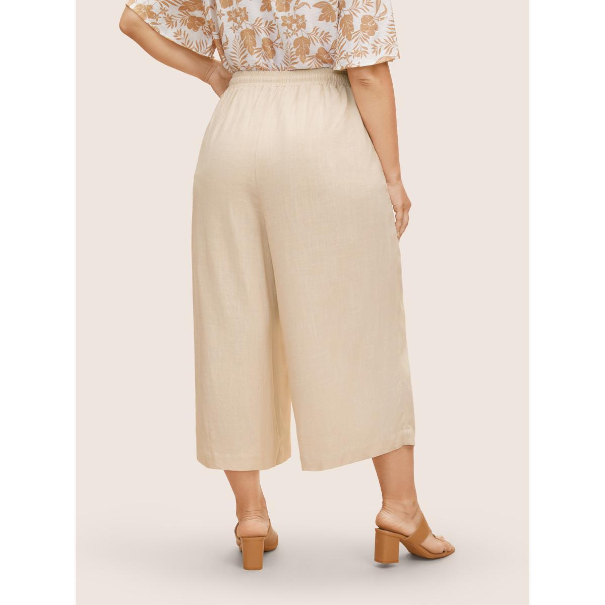 Plus Size Linen Blend Drawstring Mid Rise Wide Leg Pants Women Beige Casual Wide Leg Mid Rise Everyday Pants BloomChic 10/M Product Image