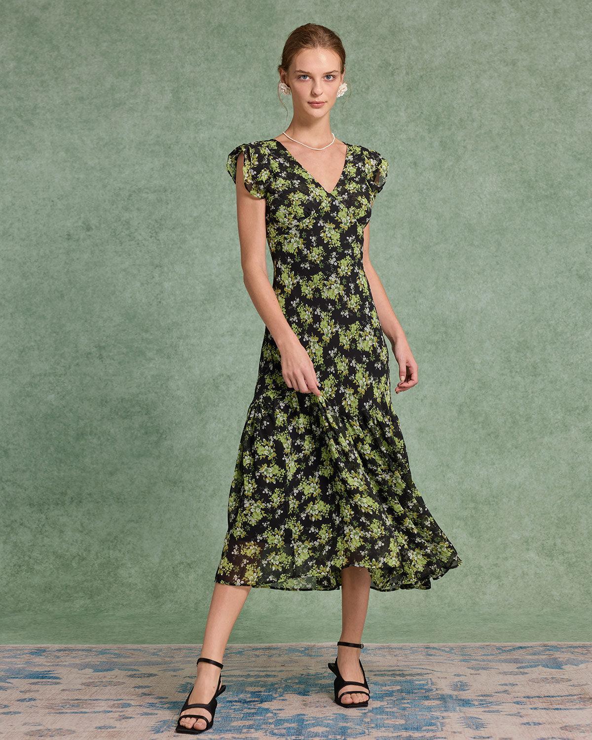 Black Floral V Neck Ruffle Midi Dress Product Image