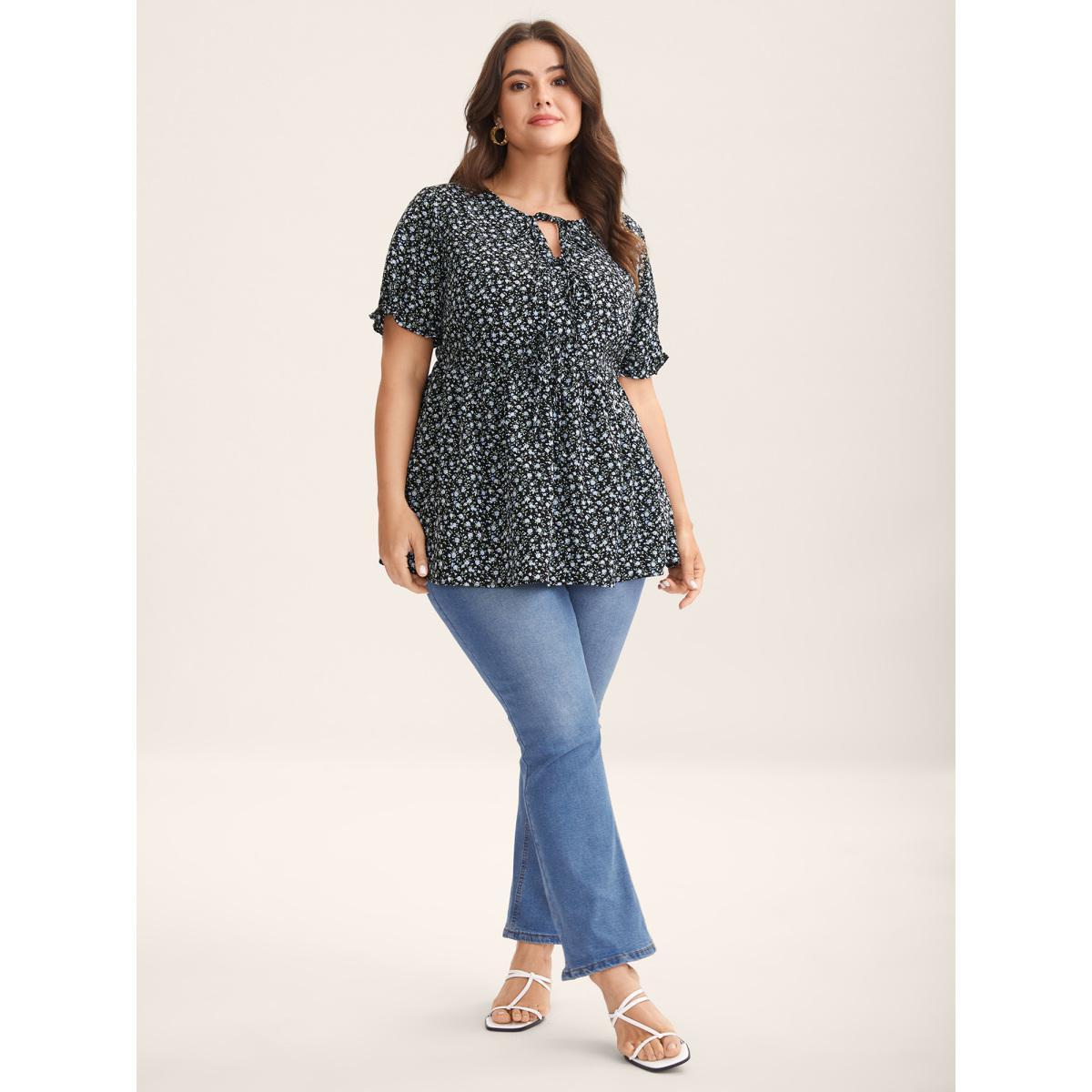 Plus Size Black Ditsy Floral Print Bow-Tie Blouse Women Timeless Short sleeve Round Neck Elegant Blouses BloomChic 14-16/1X Product Image