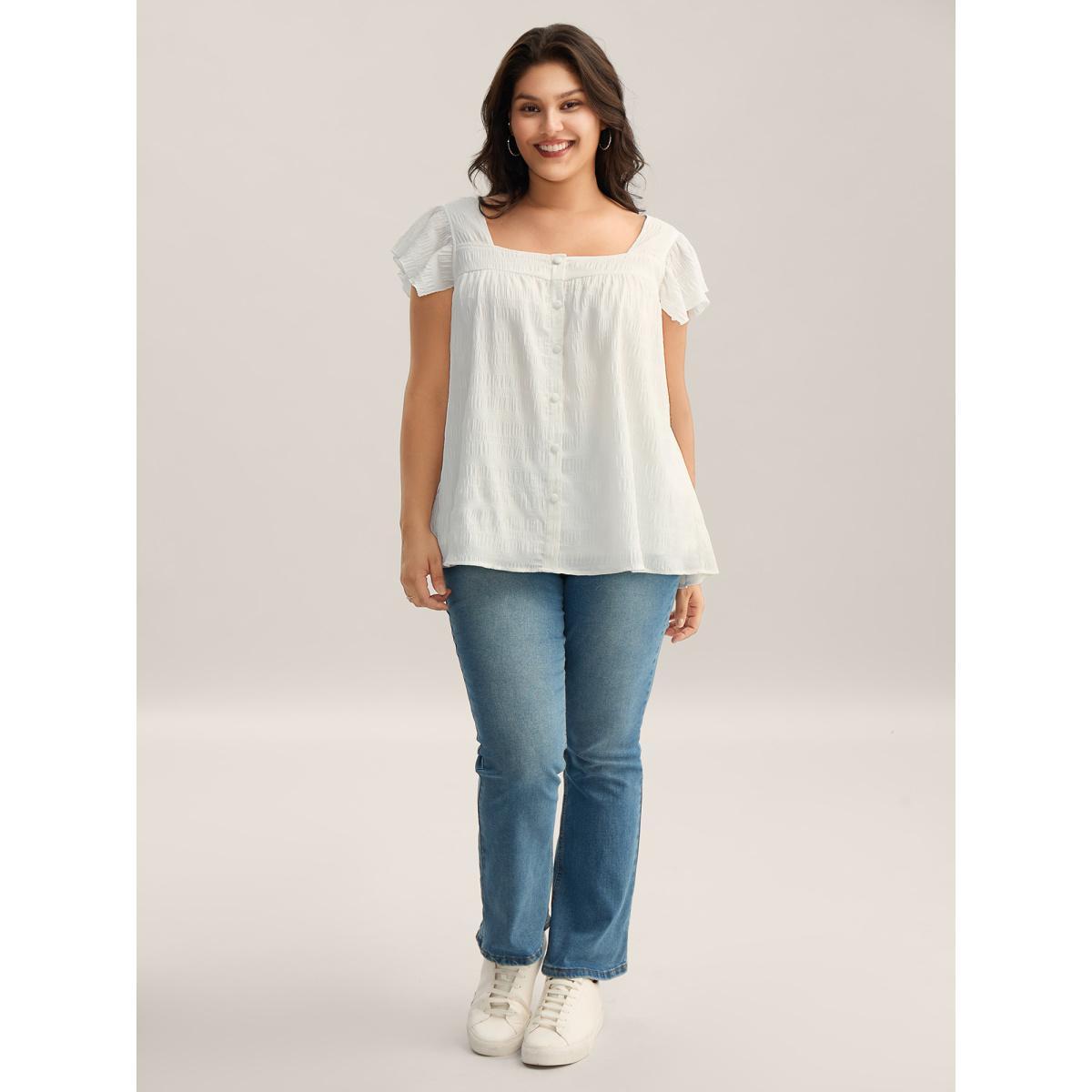 Plus Size Originalwhite Textured Flutter Sleeve Button Detail Blouse Women Cap Sleeve Square Neck Everyday-Casual Blouses BloomChic 10/M Product Image