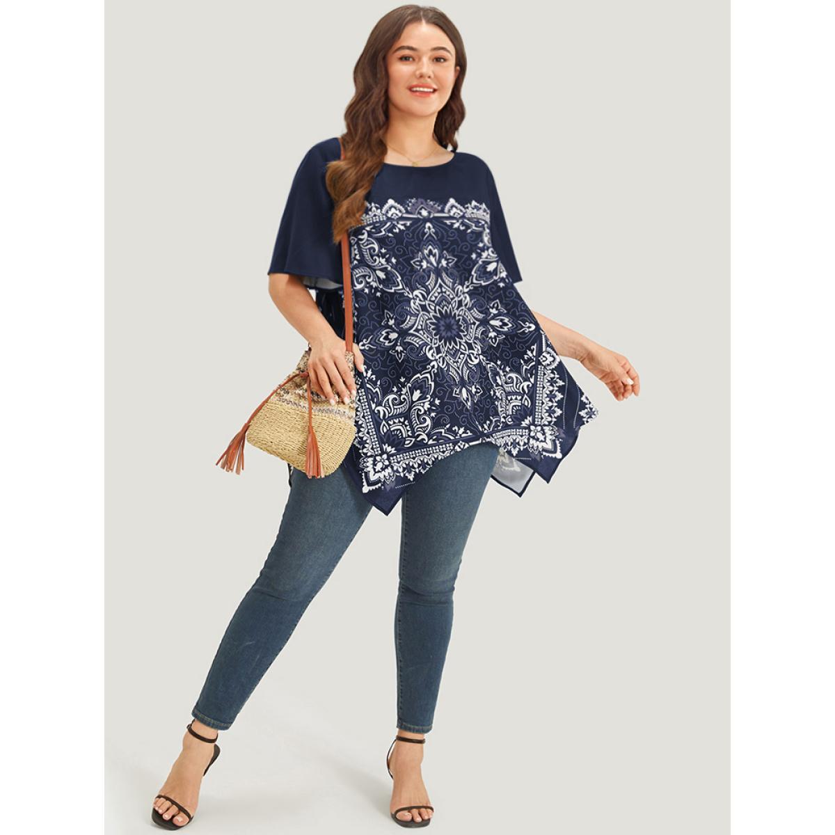 Plus Size Black Boho Print Crew Neck Flutter Sleeve Hanky Hem Blouse Women Vacation Short sleeve Round Neck Dailywear Blouses BloomChic 10/M Product Image