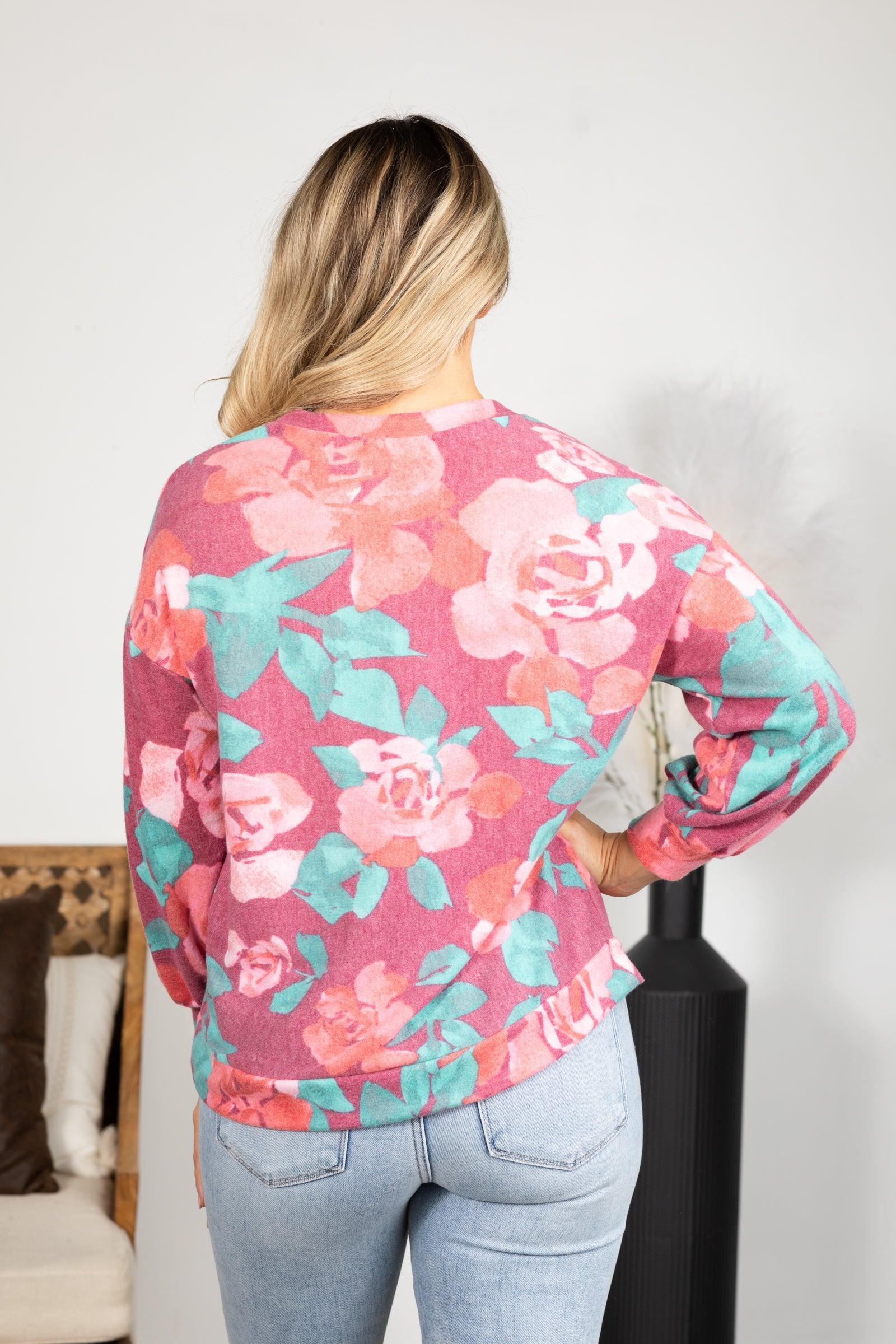 Drop Shoulder Brushed Floral Hacci Knit Top Product Image