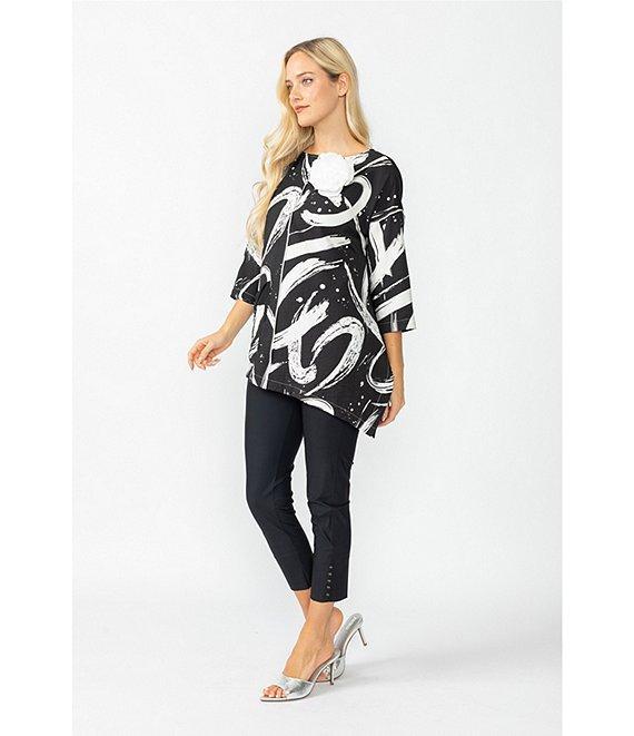 IC Collection Woven Abstract Print Boat Neck 3/4 Sleeve Asymmetrical Tunic Product Image