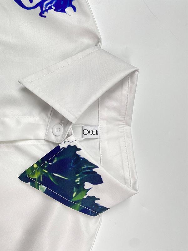 High-Low Long Sleeves Buttoned Flower Print Pockets Split-Side Stand Collar Blouses&Shirts Tops Product Image