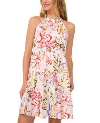 CeCe Womens Tropical Tie-Back Halter Tiered Mini Dress Product Image