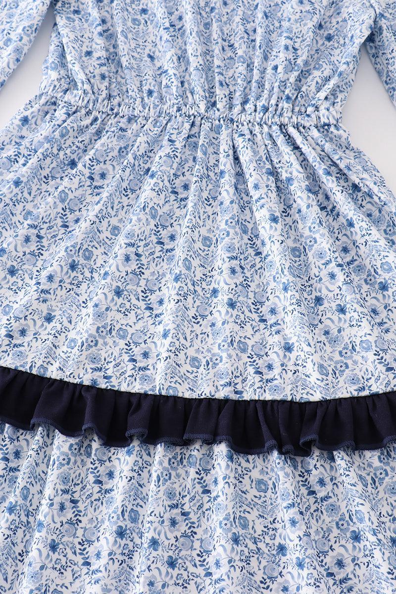 Blue floral print tiered mom ruffle dress Product Image