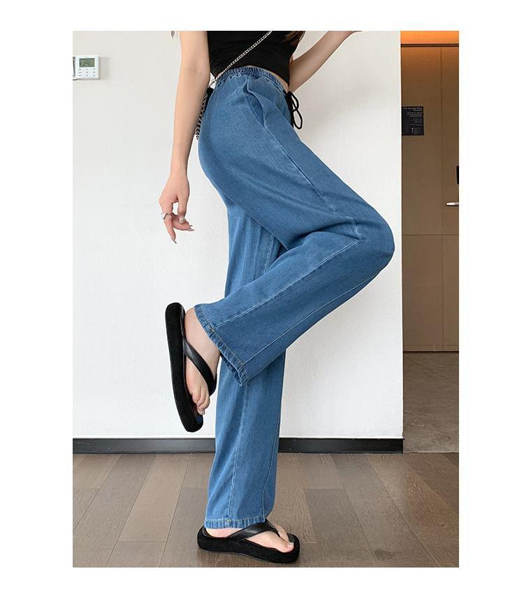 Drawstring Waist Washed Loose Fit Jeans Product Image