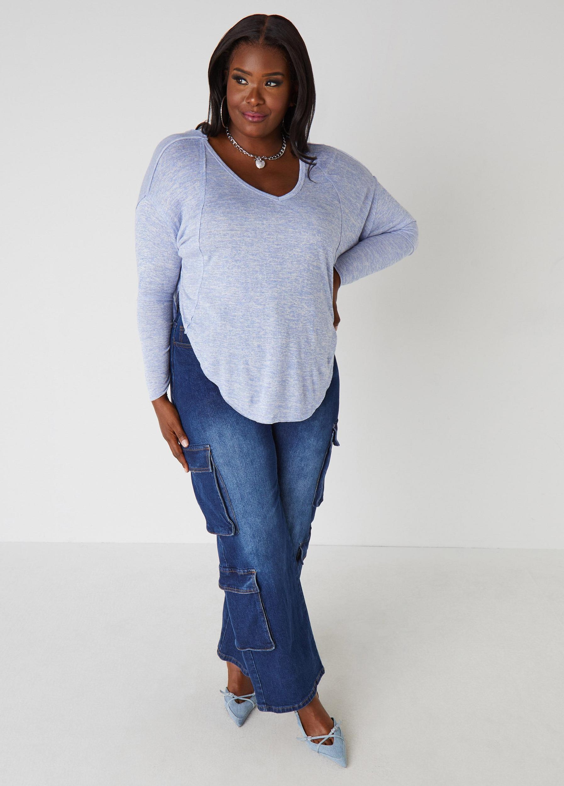 Plus Size Slub Knit V Neck Top Ashley Stewart Product Image