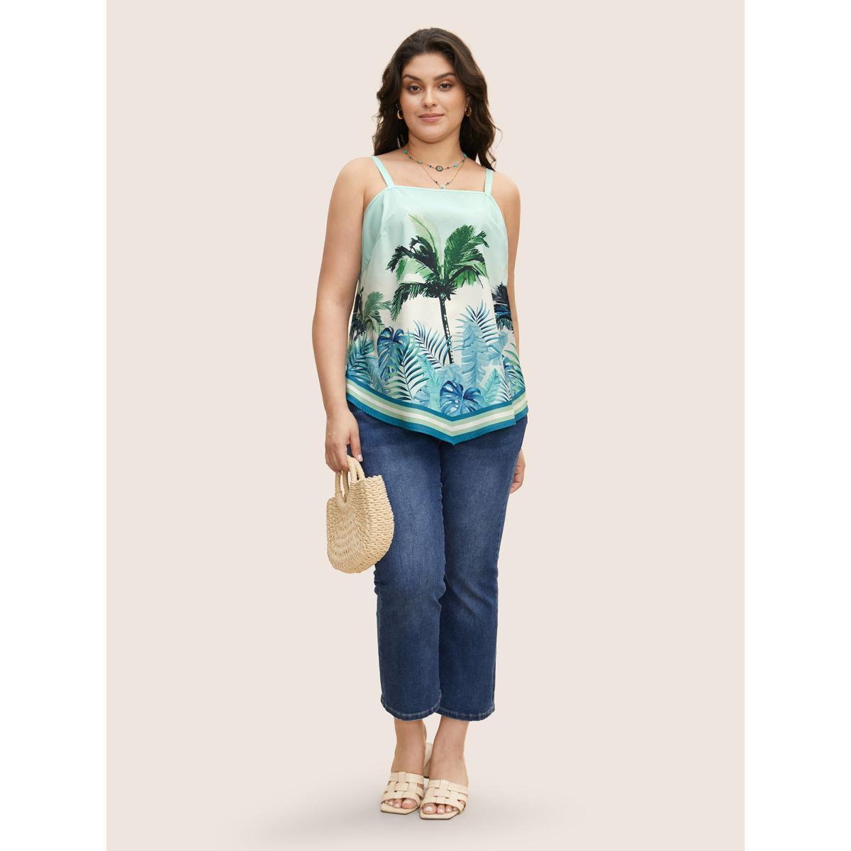 Plus Size Boho Coconut Tree Print Arc Hem Cami Top Women Arctic Resort Contrast One-shoulder neck Vacation Tank Tops Camis BloomChic 14-16/1X Product Image
