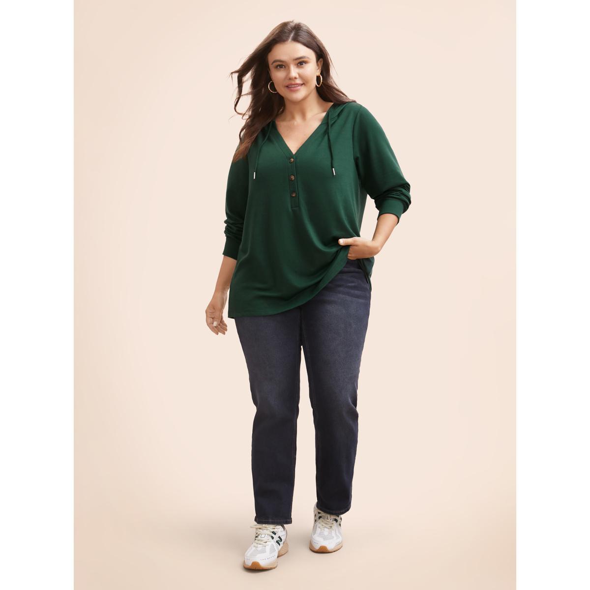 Plus Size Plain Button Up Drawstring Hooded Sweatshirt Women DarkGreen Casual Elastic cuffs Hooded Dailywear Sweatshirts BloomChic 18-20/2X Product Image
