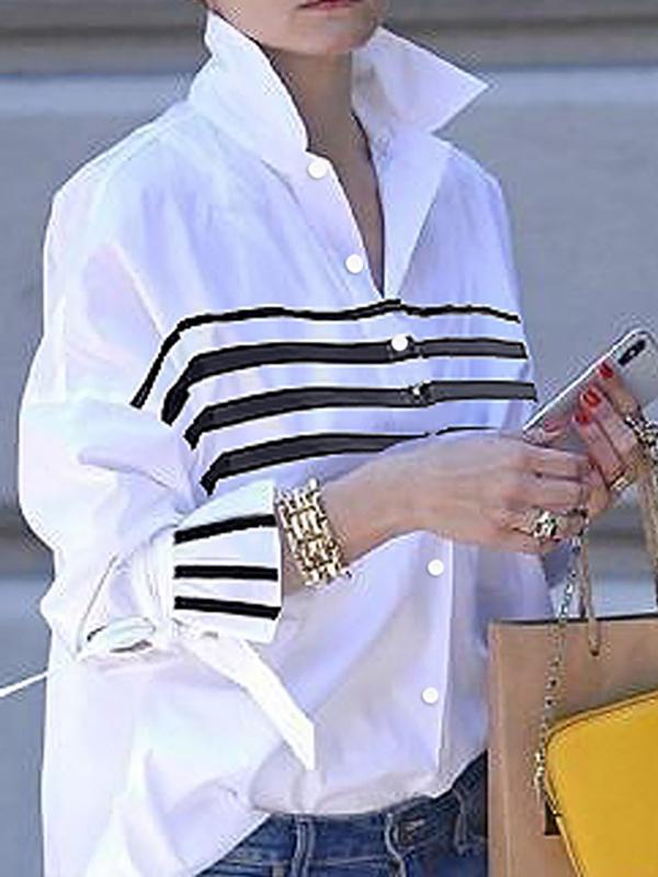 Flared Sleeves Long Sleeves Buttoned Contrast Color Split-Joint Striped Stand Collar Blouses&Shirts Tops Product Image