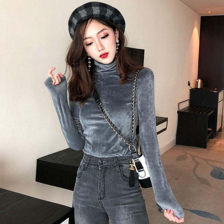 Long-Sleeve High Neck Velvet Top Product Image