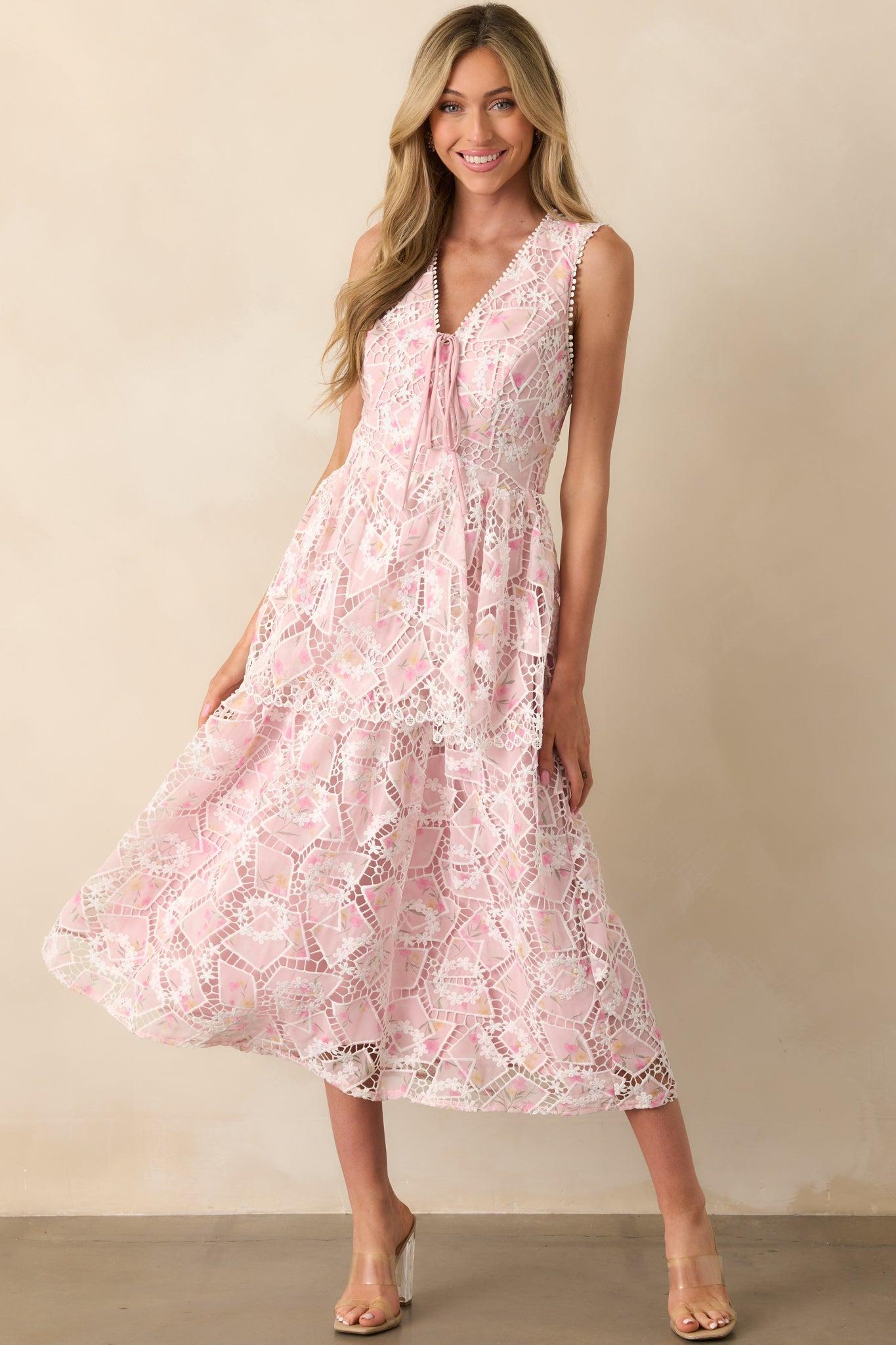 Something Nice Light Pink Floral Embroidered Midi Dress Product Image