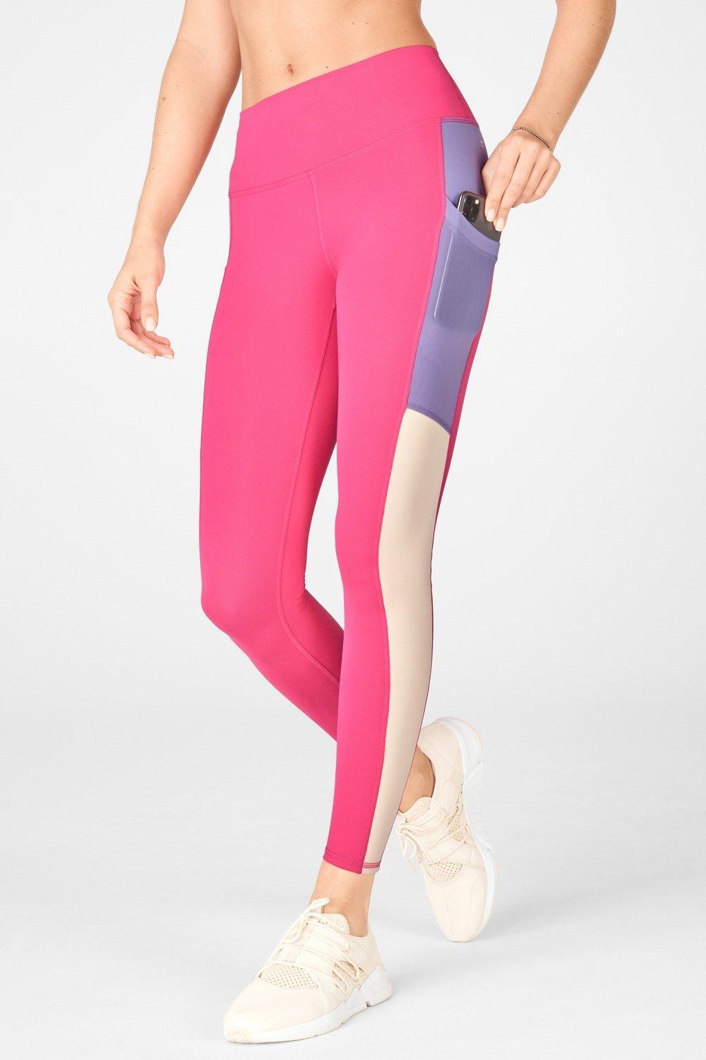 Fabletics On-the-Go High-Waisted Legging Womens Plush Pink/Violetta/Tapioca Size XS Product Image
