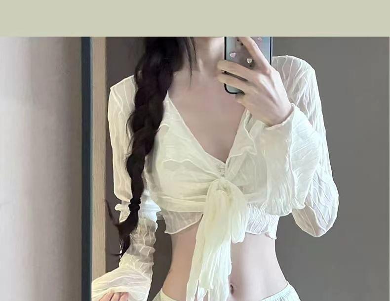 Set: Plain Shirred Bikini + Tie-Front Cover-Up + Skirt Product Image