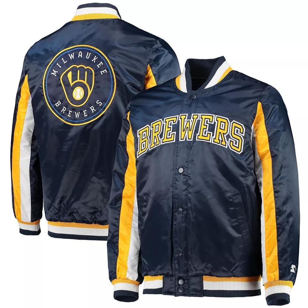 Men's Starter Navy Milwaukee Brewers The Ace Satin Full-Snap Jacket, Size: Small, Blue Product Image