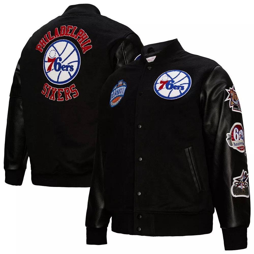 Men's Mitchell & Ness  Black Philadelphia 76ers Hardwood Classics Blackout Collection Full-Snap Varsity Jacket, Size: 2XL, 76r Black Product Image