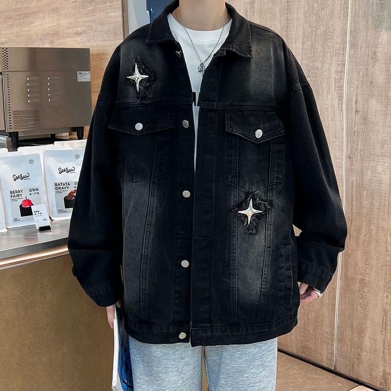 Collared Star Applique Washed Button-Up Denim Jacket Product Image