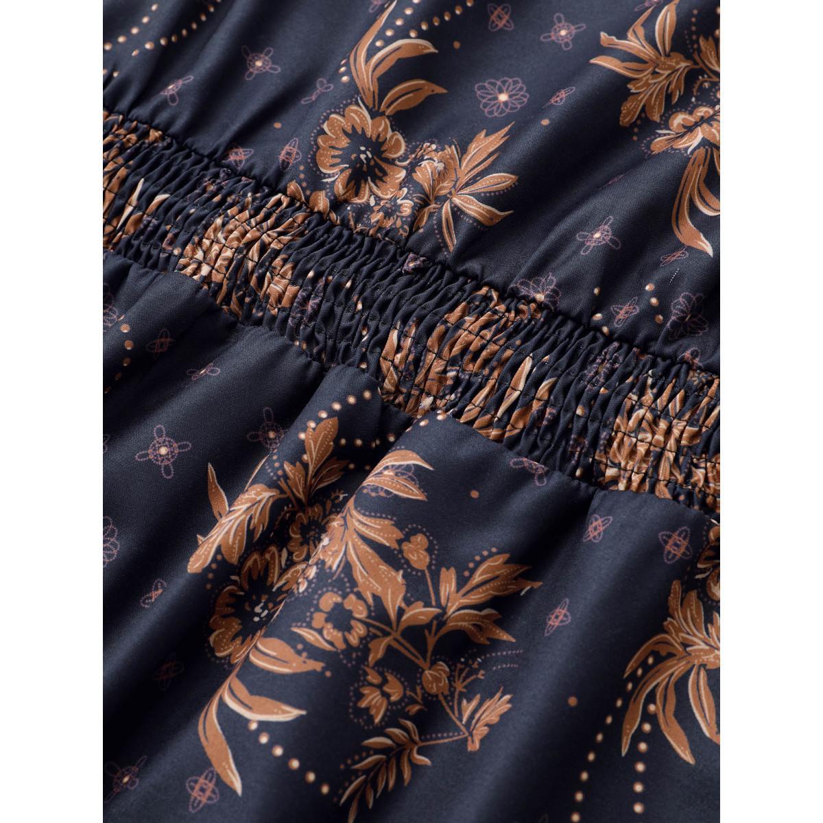 Plus Size Floral Print Gathered Ruffle Hem Shirred Dress DarkBlue Women Elegant Non V-neck Elbow-length sleeve Curvy Midi Dress BloomChic 14-16/1X Product Image