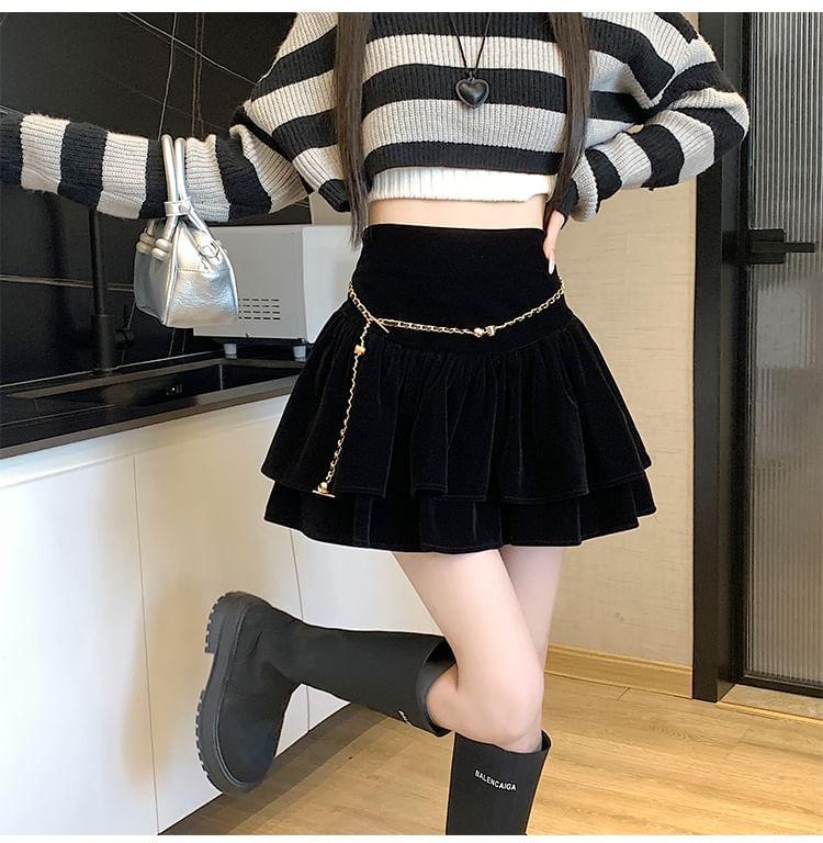 High Waist Plain Chain Detail Tiered Mini A-Line Skirt Product Image