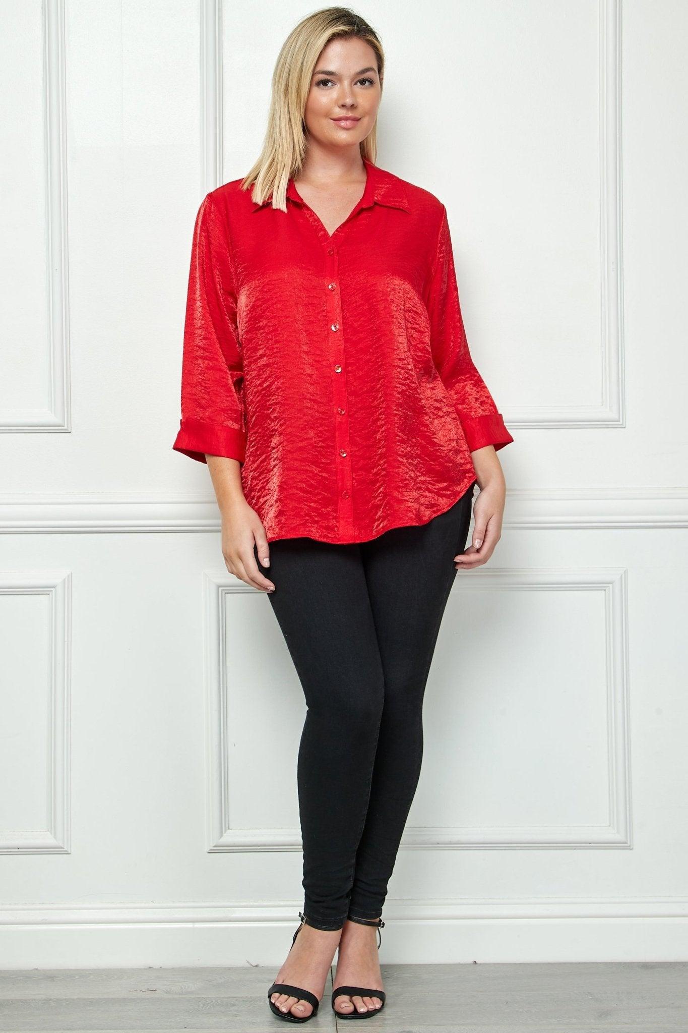 3/4 Flare Sleeve Cutout Neck Bubble Blouse in Red -Plus Product Image