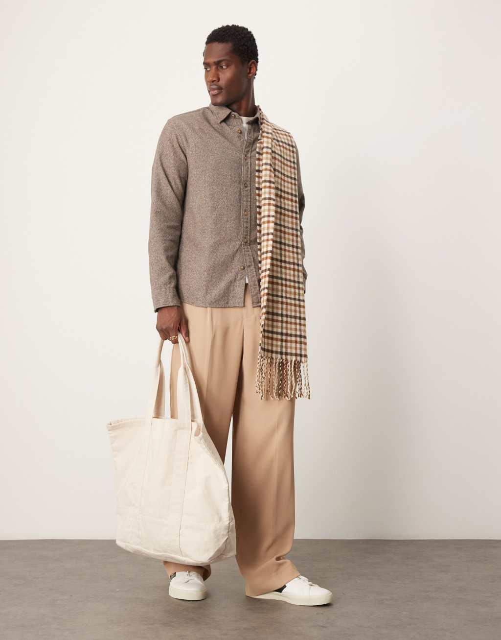 Selected Homme oversized flannel shirt in brown Product Image