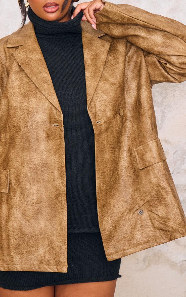 Plus Brown Distressed PU Oversized Shoulder Pad Blazer Product Image