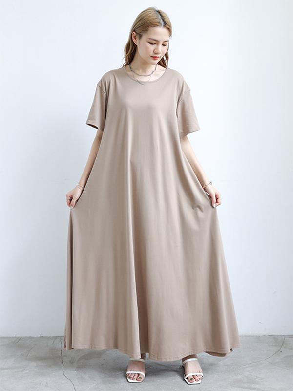 Simple Loose Short Sleeves Solid Color Round-Neck Maxi Dresses Product Image