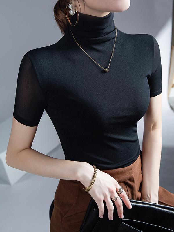 Half Sleeves Skinny Solid Color High Neck T-Shirts Tops Product Image