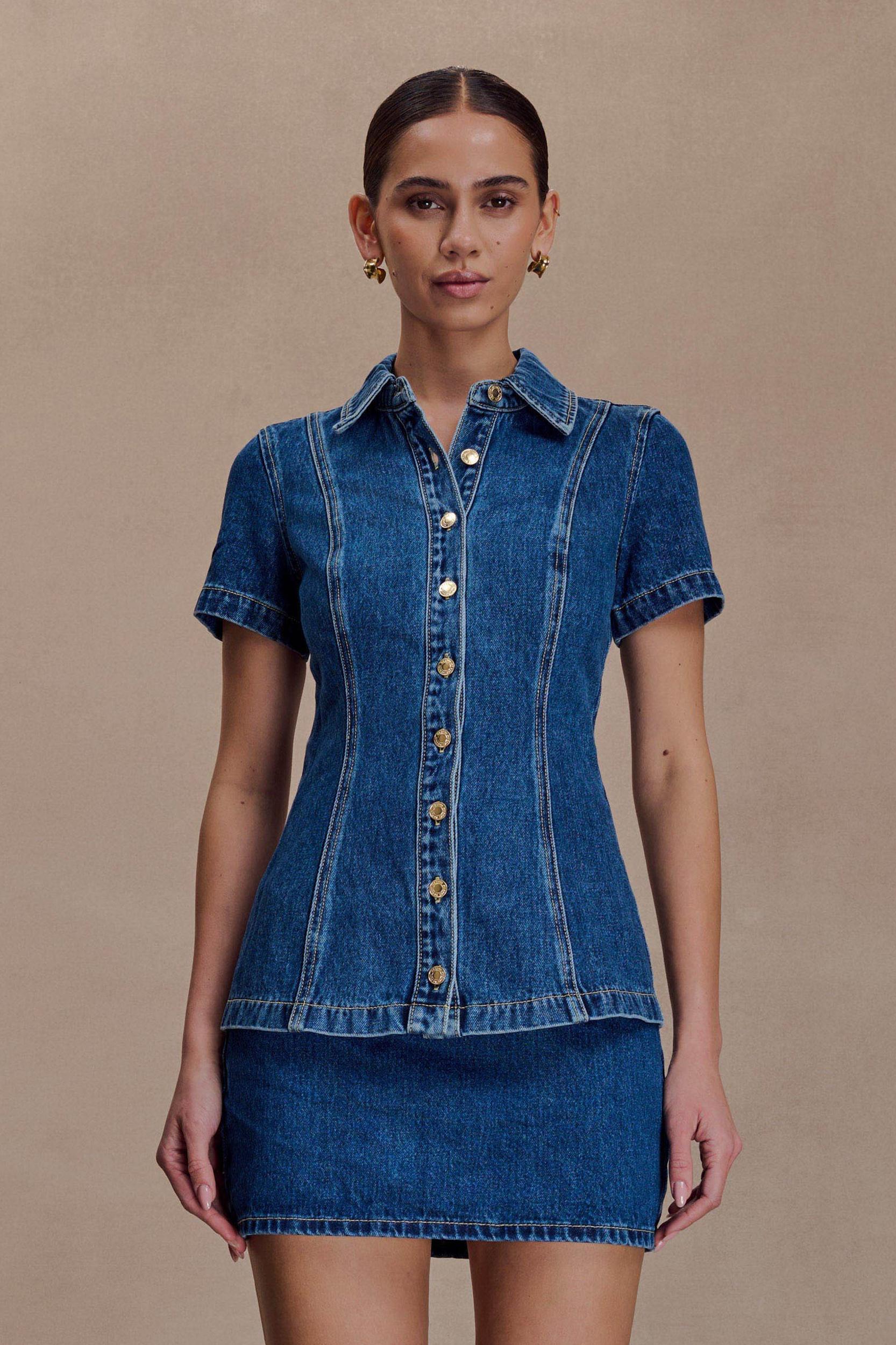 Ellie Denim Short Sleeve Top - Dark Blue Product Image