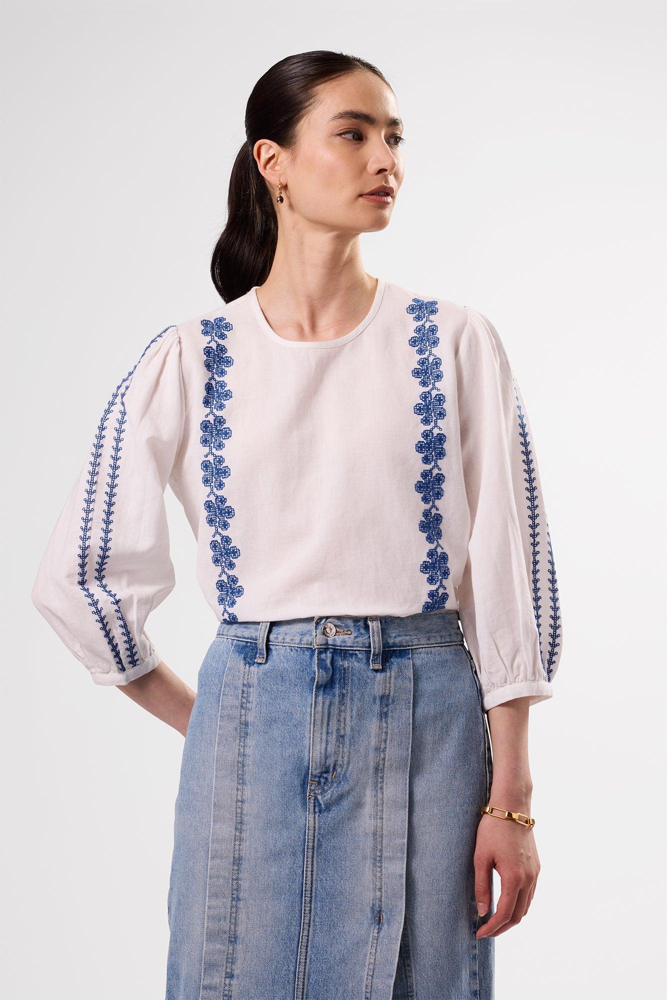 Placed Embroidery Blouse - White Cobalt Embroidery Product Image