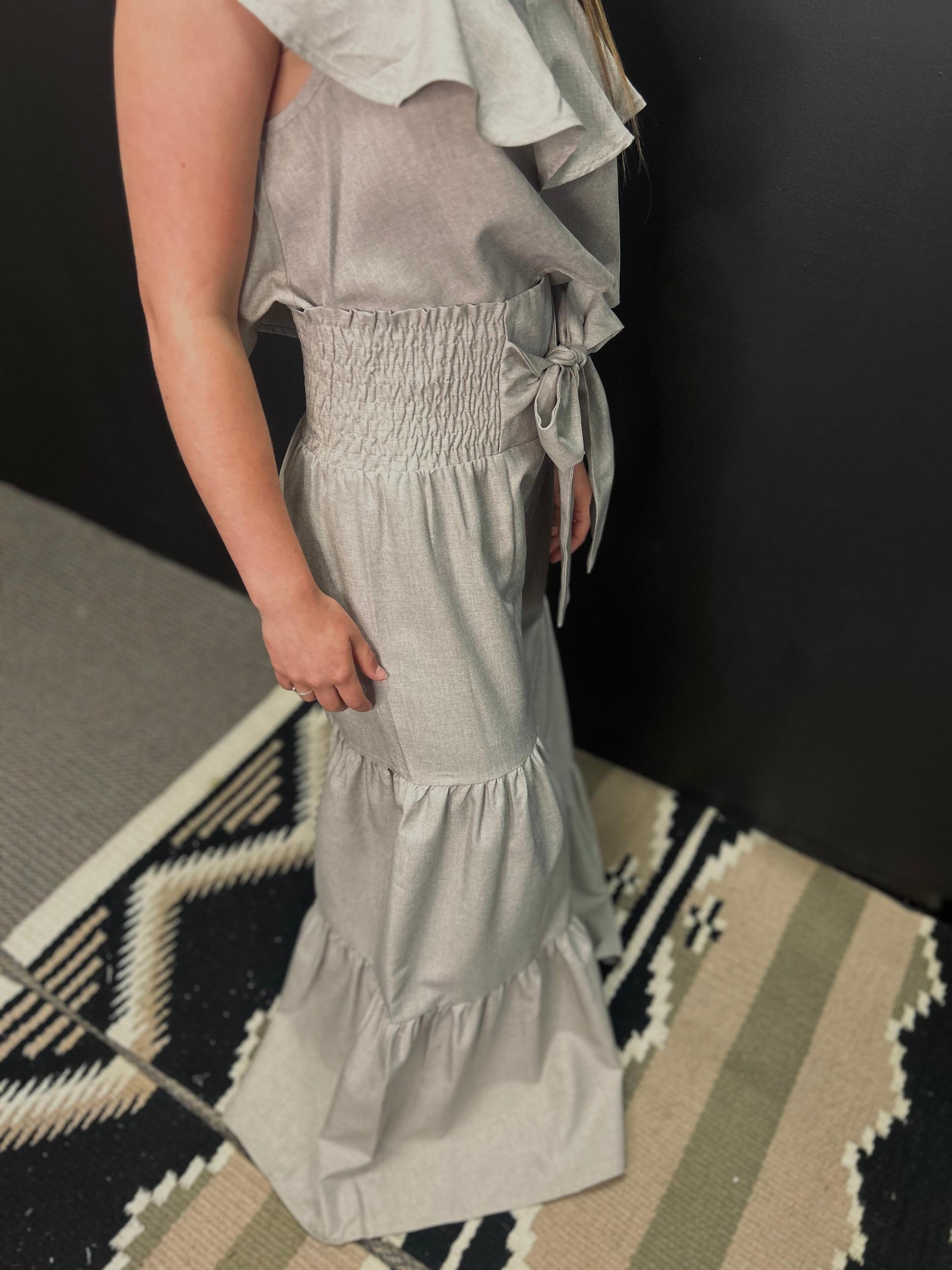 Oatmeal Smocking Waist  & Ruffled Crop Trop Set Product Image