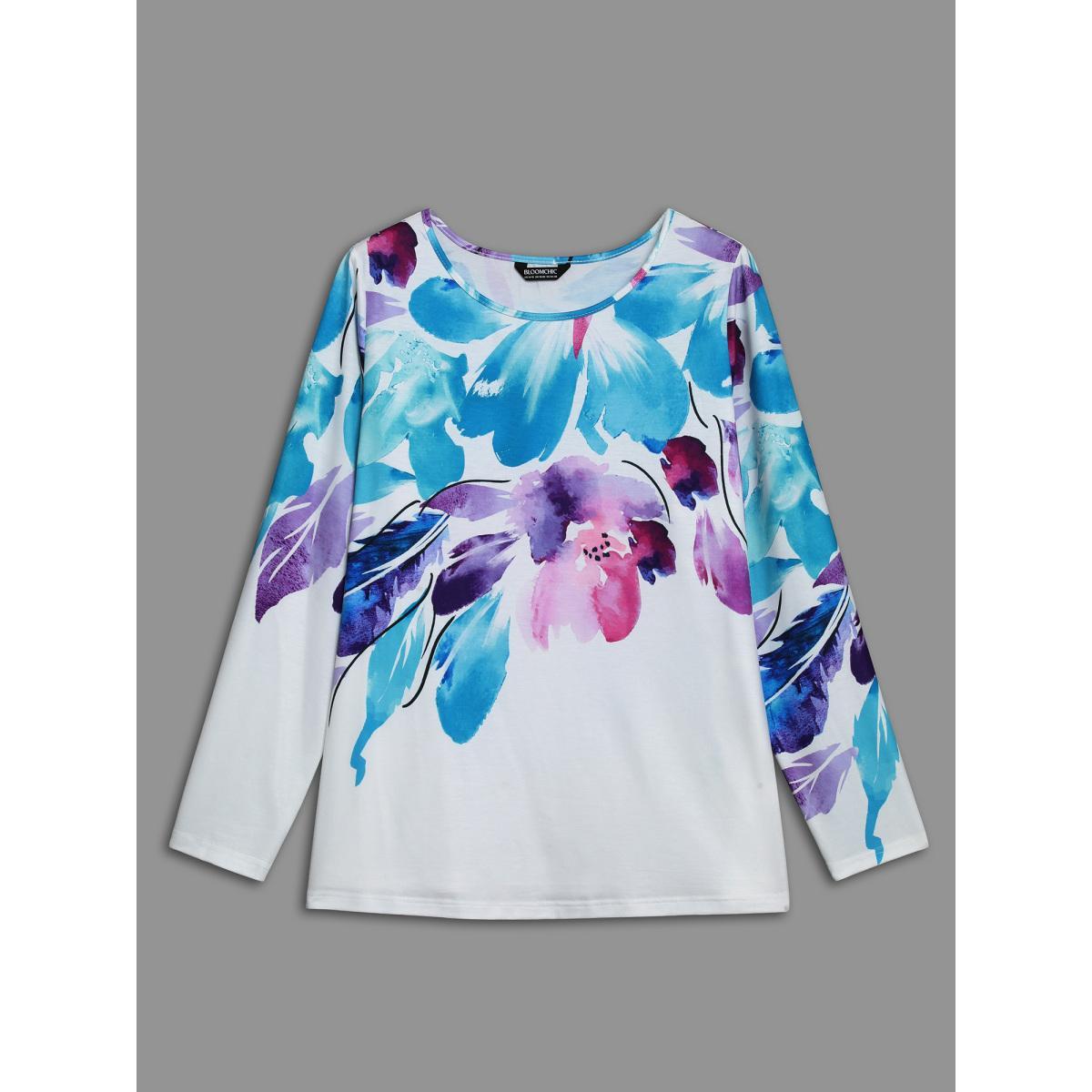 Plus Size Floral Boho Print Stretchy T-Shirt WhiteSmoke Women Casual Non Art&design Round Neck Everyday T-shirts BloomChic 10/M Product Image