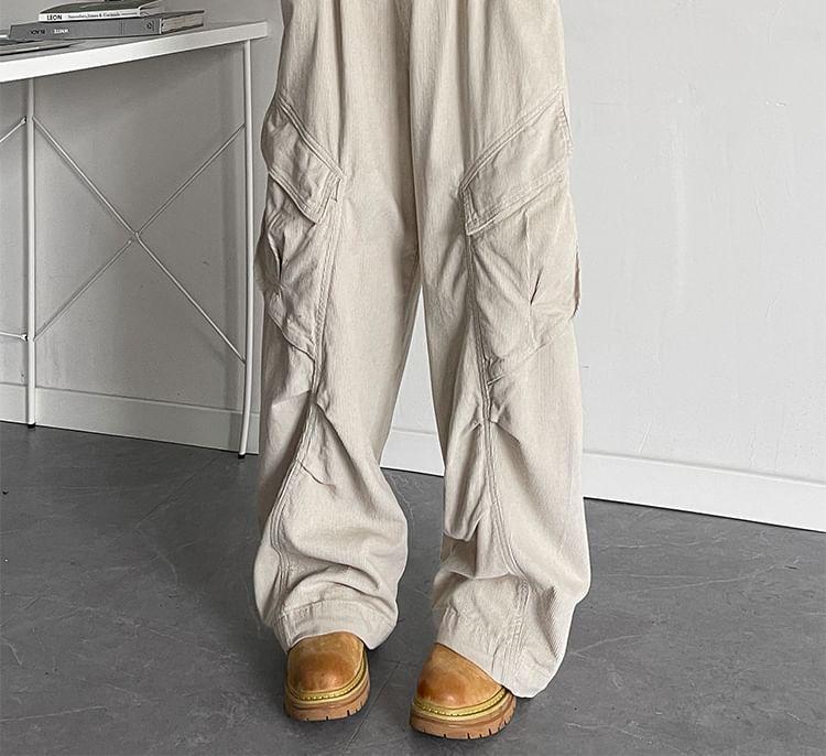 Mid Rise Plain Corduroy Wide Leg Cargo Pants Product Image