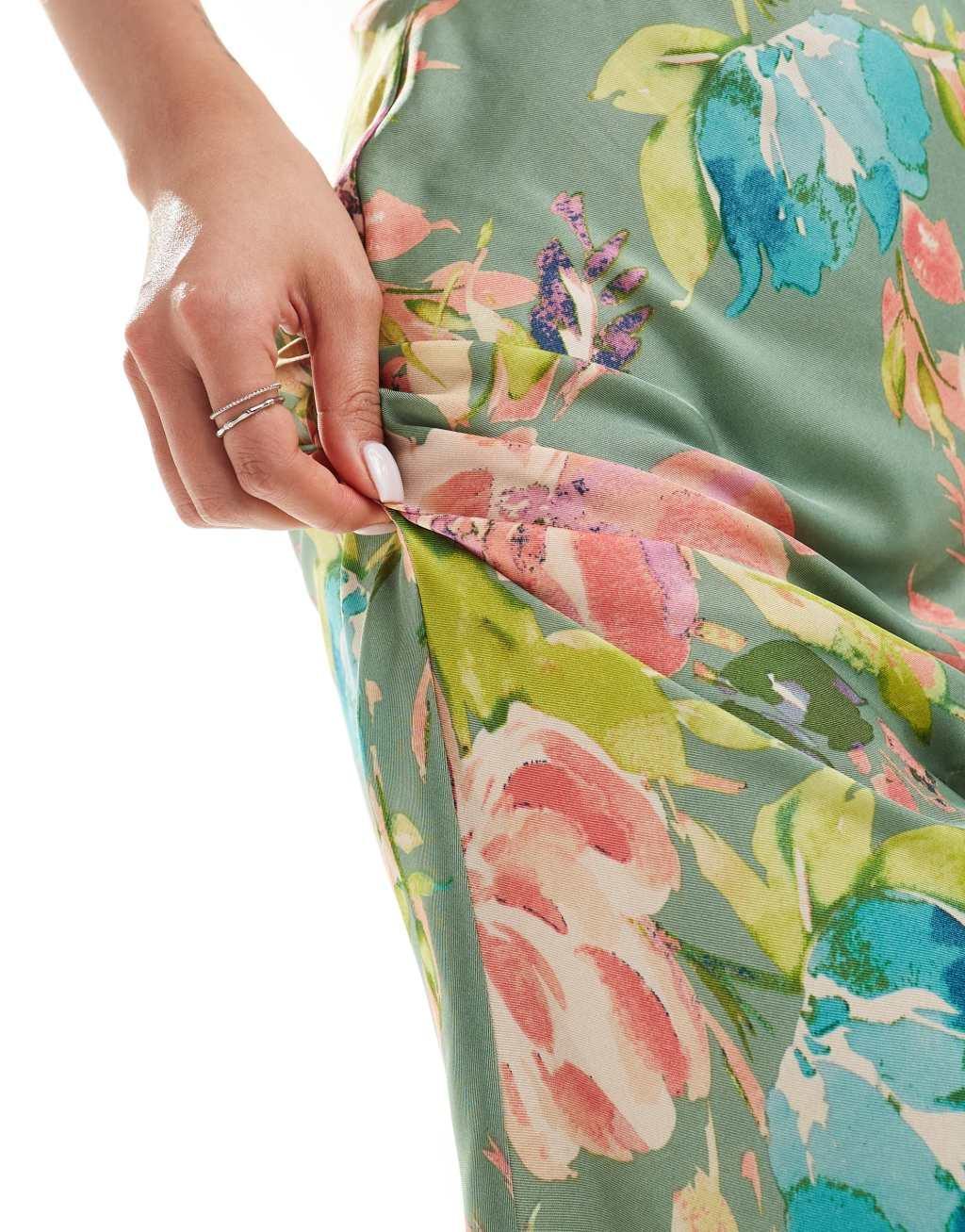 Emory Park blurred floral print satin maxi skirt in green Product Image