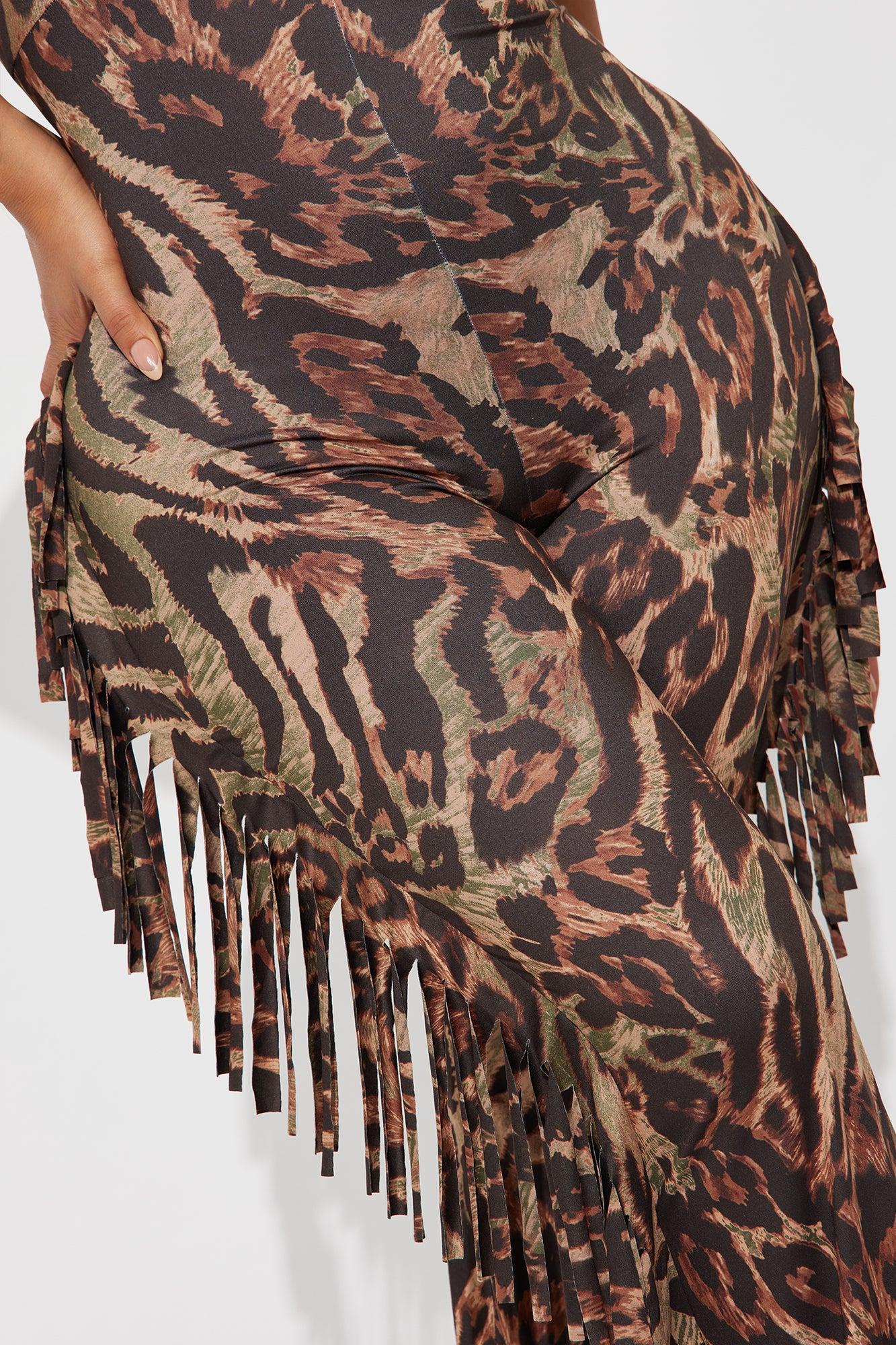 Lush Safari Animal Print Flare Halter Jumpsuit - Brown/combo Female Product Image