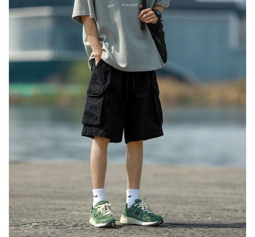 Drawstring Waist Plain Cargo Shorts Product Image