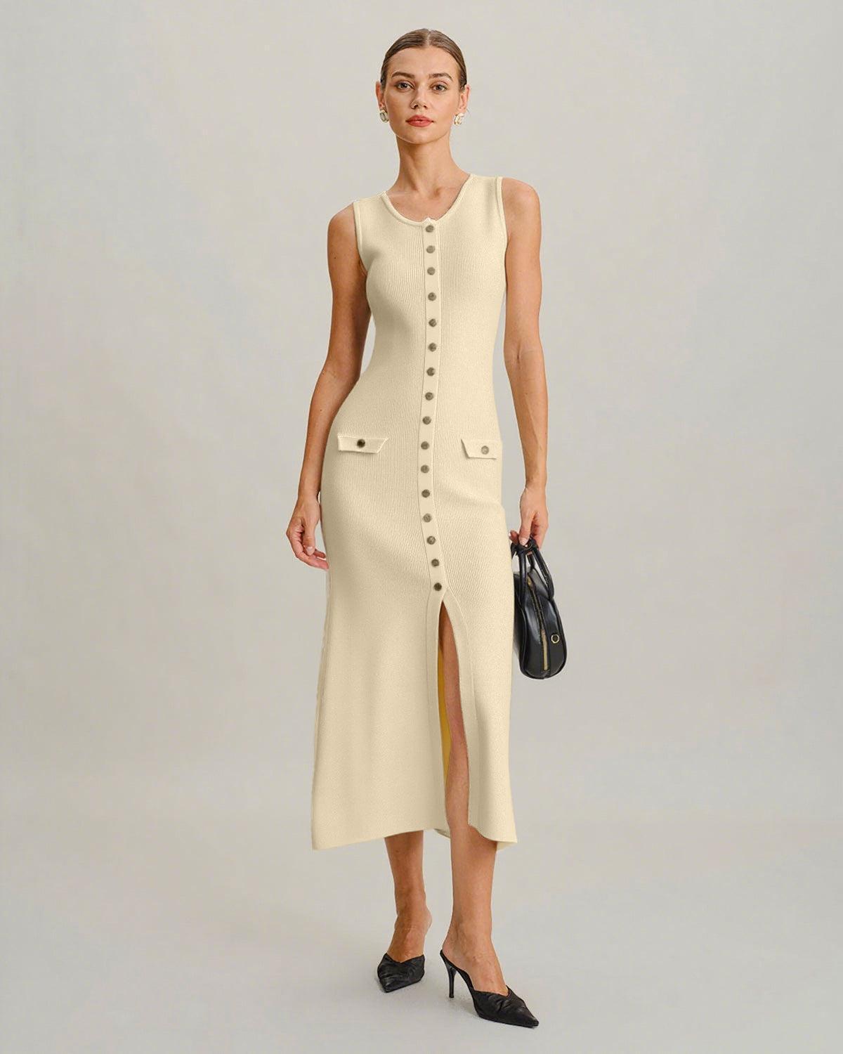 Beige Sleeveless Button Sweater Dress Product Image