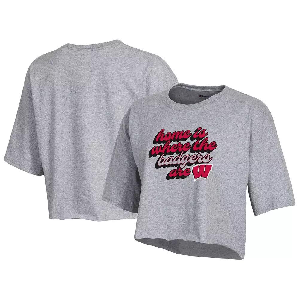 Women's Champion Heather Gray Wisconsin Badgers Boyfriend Cropped T-Shirt,  Product Image