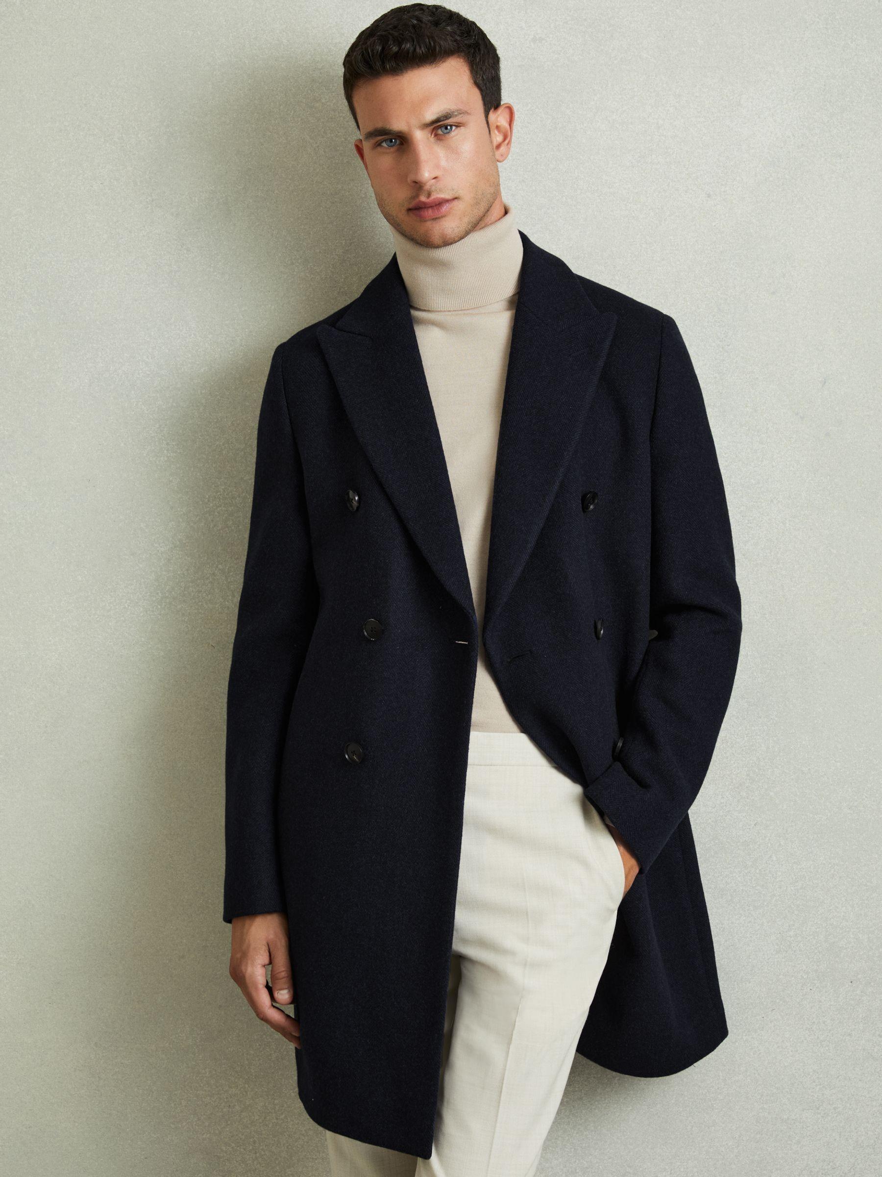 Wool Blend Herringbone Twill Overcoat in Navy Herringbone Product Image