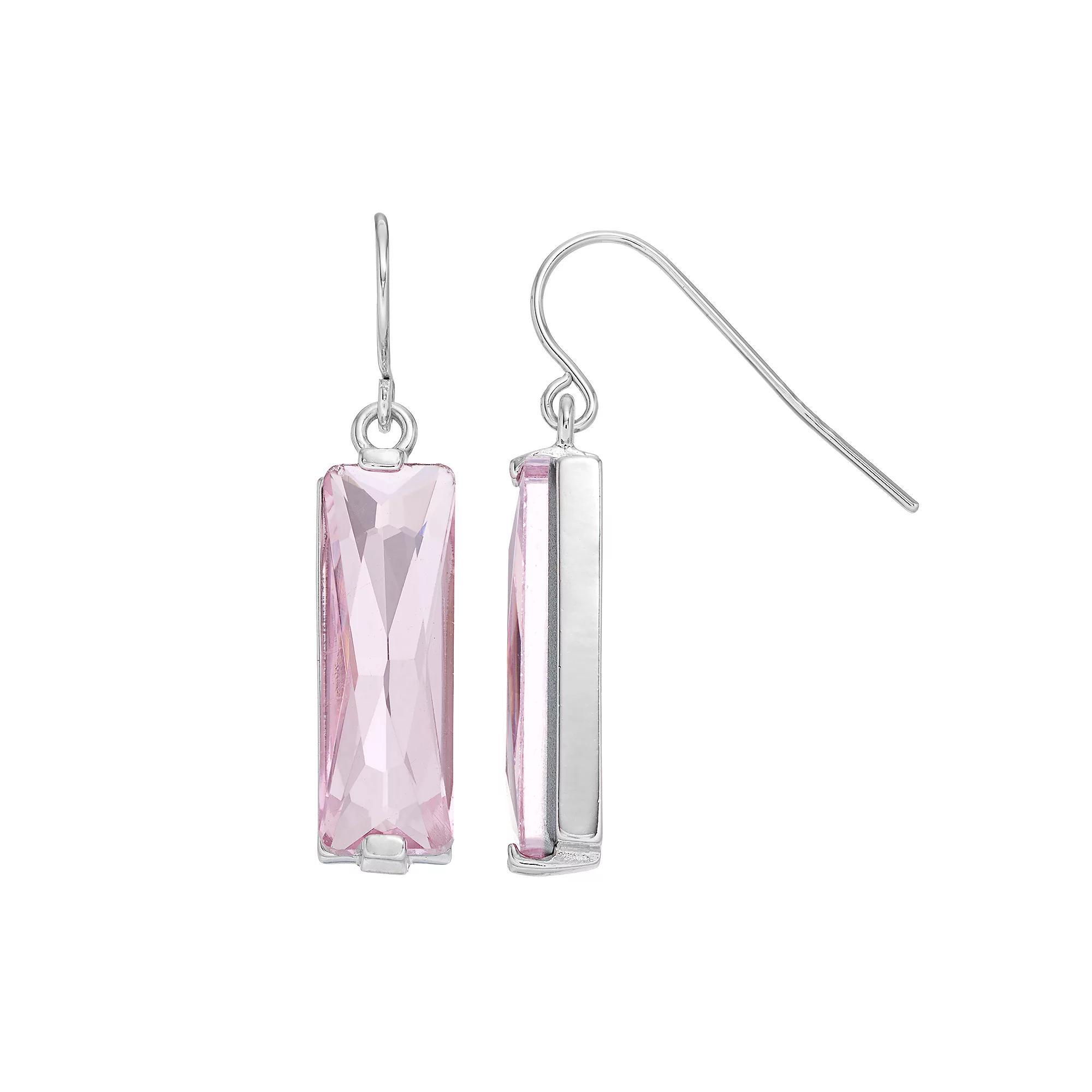 Sterling Silver Crystal Rectangle Drop Earrings, Womens, Pink Product Image