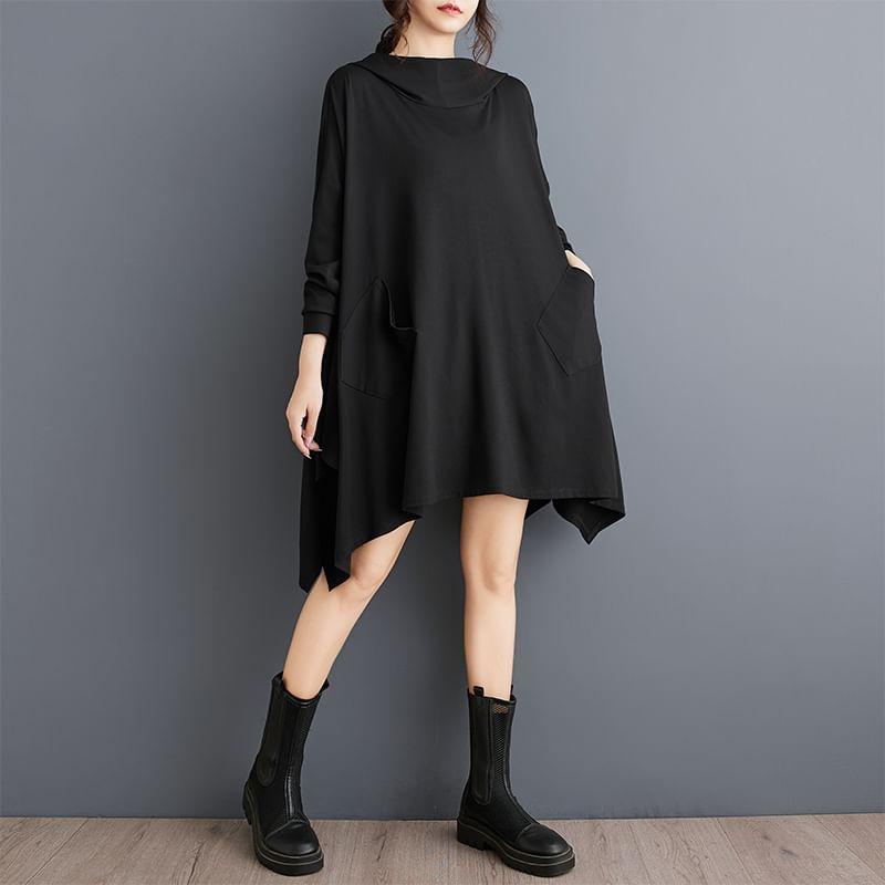 Long-Sleeve Asymmetrical Hooded Plain A-Line Dress Product Image