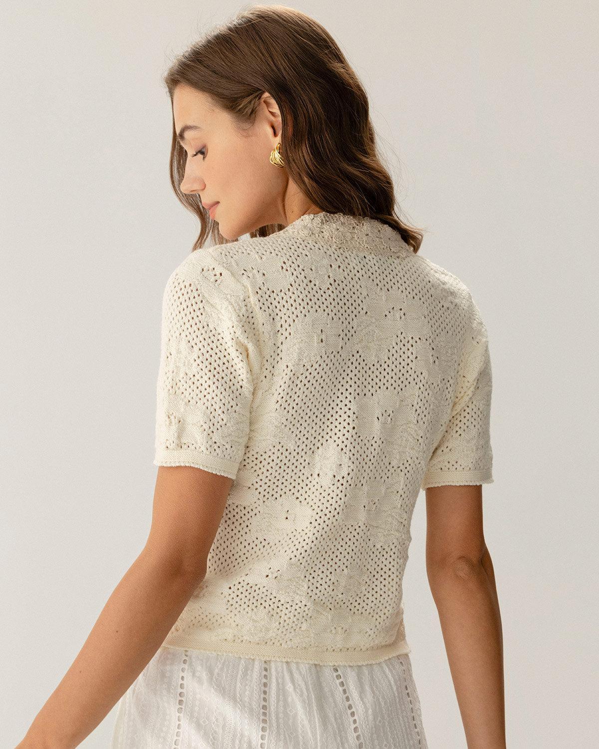 Beige Crochet Textured Cropped Cardigan Product Image