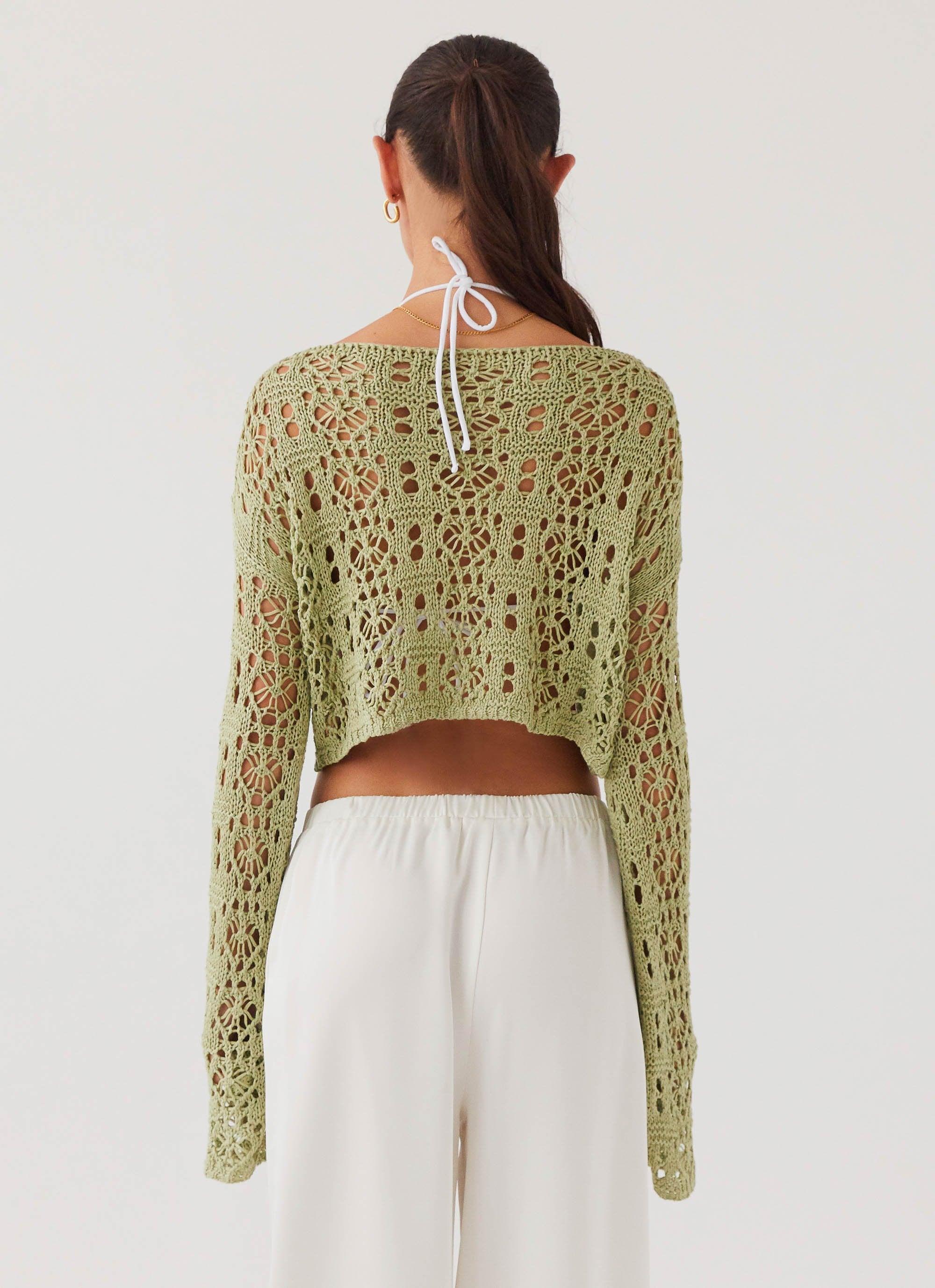 Free Mind Crochet Long Sleeve Top - Light Olive Product Image