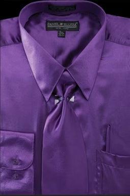 Satin Dress Shirt Convertible Cuff Regular Fit in Purple With Tie And Pocket Square Product Image