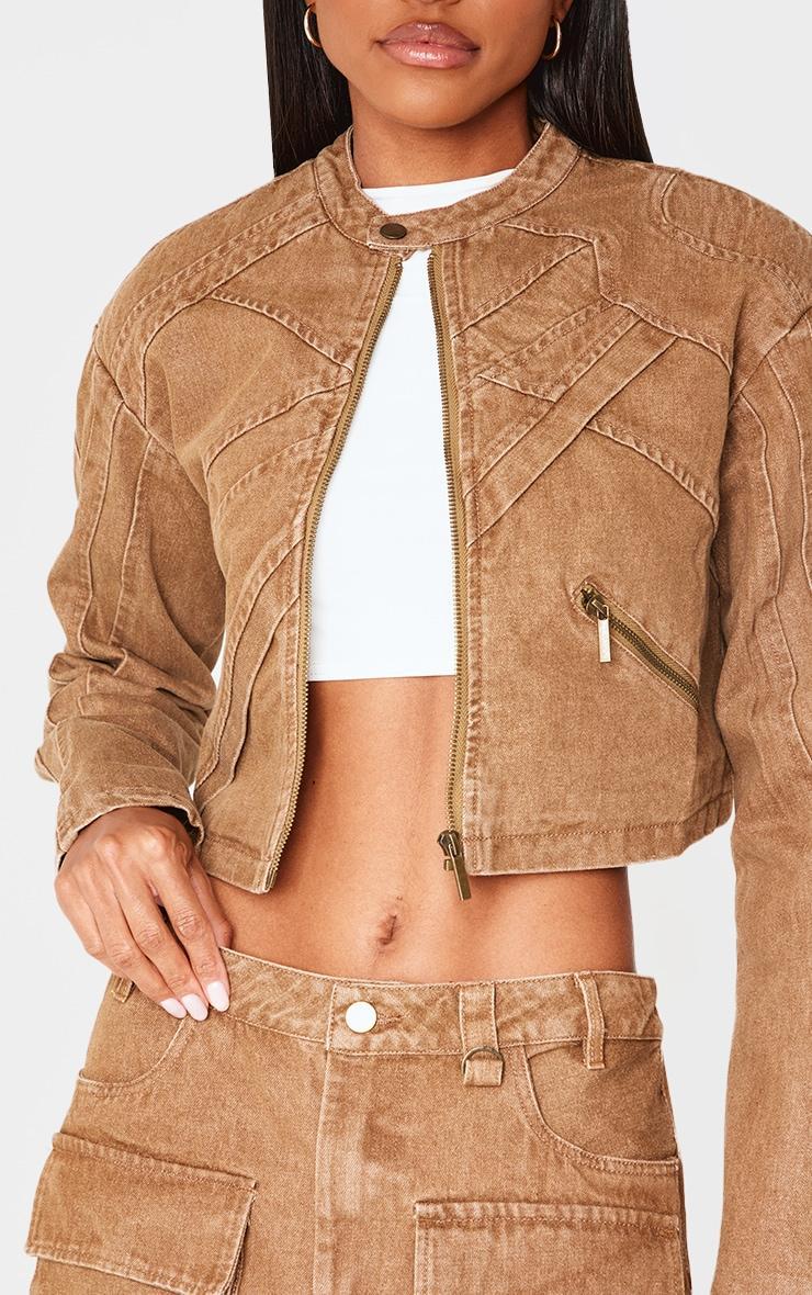 Brown Seam Detail Shoulder Padded Racer Cropped Denim Jacket Product Image