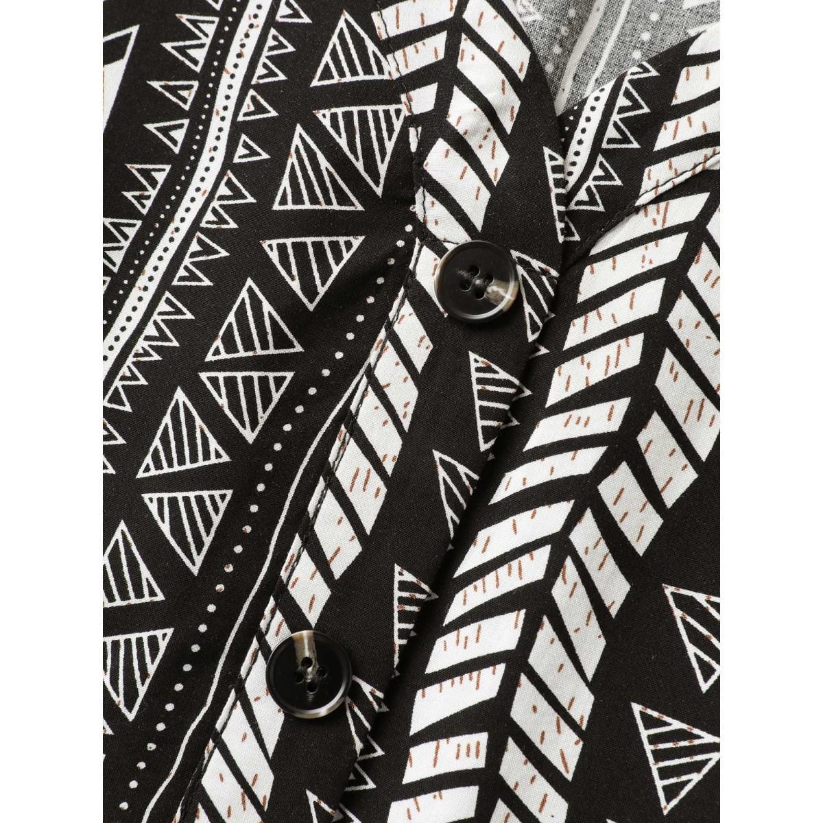 Plus Size Black Geometric Print Button Layered Blouse Women Short sleeve V-neck Vacation Blouses BloomChic 18-20/2X Product Image